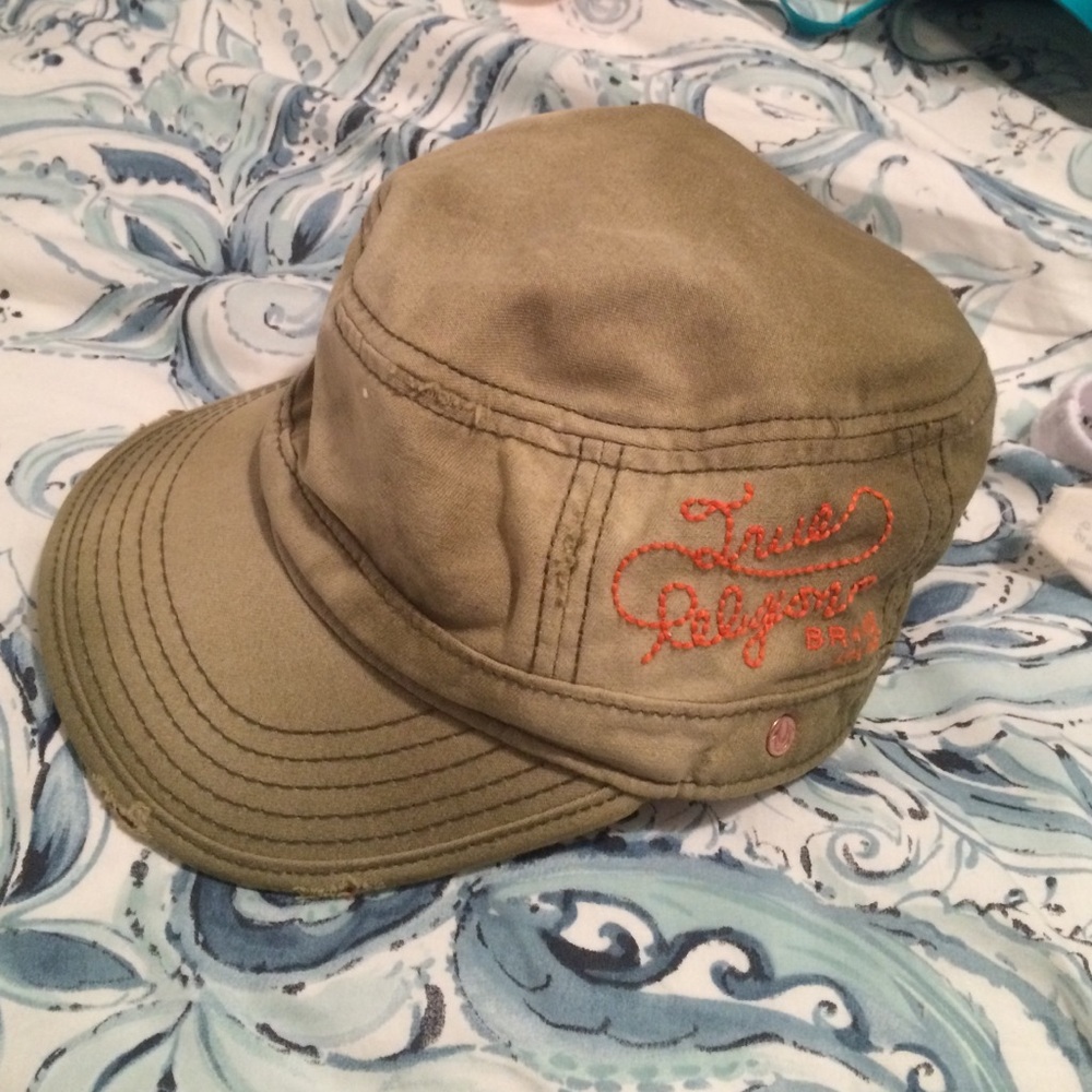 True Religion Olive Green Military-Style Cap with Orange Logo